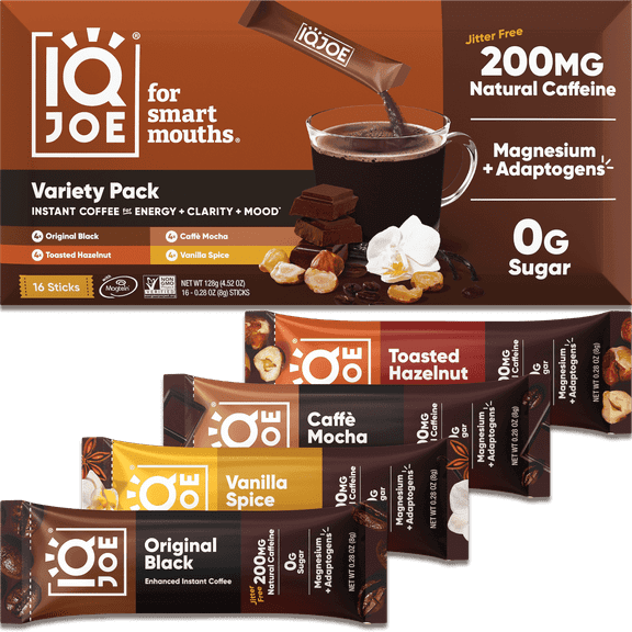 IQJOE Mushroom Coffee Packets (16 Servings) Lion’s Mane, Magtein Magnesium, Antioxidants, Adaptogens - Variety Pack - Instant Coffee for Focus, Clarity, Mood, Energy Boost - Sugar Free, Keto, Vegan