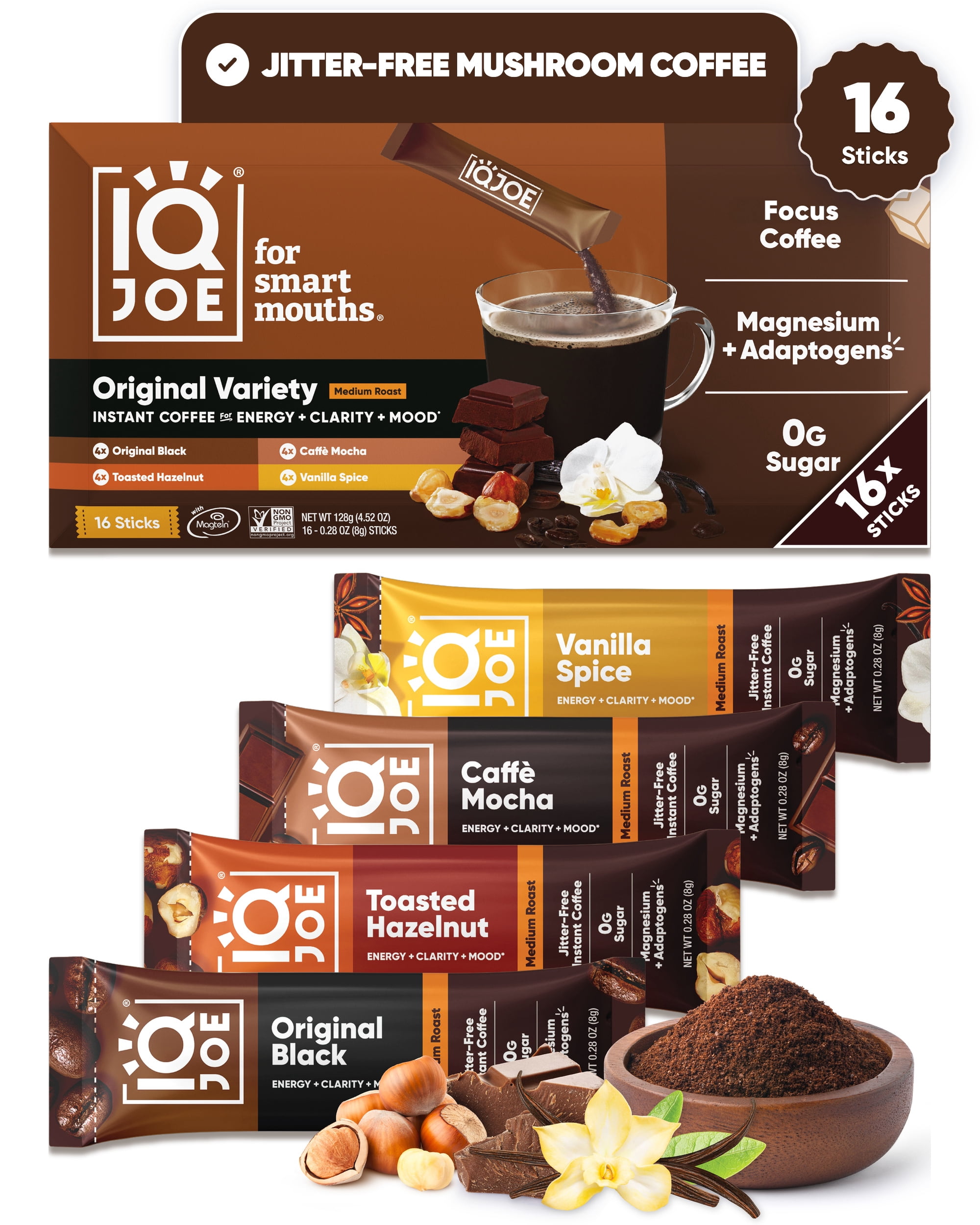IQJOE Mushroom Coffee Packets (16 Servings) Lion’s Mane, Magtein Magnesium, Antioxidants, Adaptogens - Variety Pack - Instant Coffee for Focus, Clarity, Mood, Energy Boost - Sugar Free, Keto, Vegan