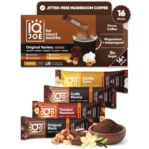 IQJOE Mushroom Coffee Packets (16 Servings) Lion’s Mane, Magtein Magnesium, Antioxidants, Adaptogens - Variety Pack - Instant Coffee for Focus, Clarity, Mood, Energy Boost - Sugar Free, Keto, Vegan