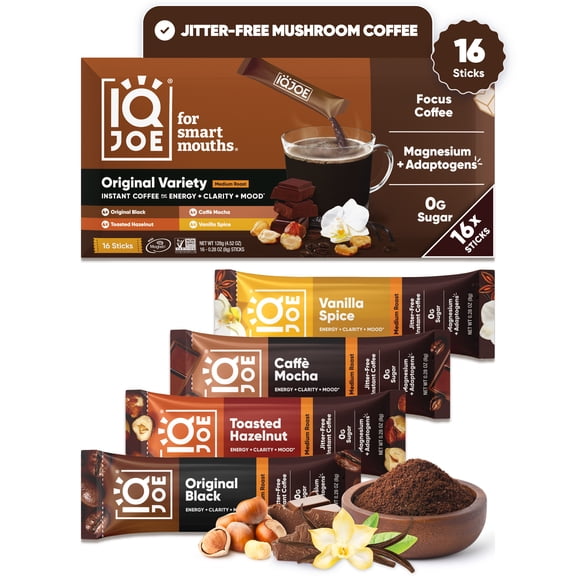 IQJOE Mushroom Coffee Packets (16 Servings) Lion’s Mane, Magtein Magnesium, Antioxidants, Adaptogens - Variety Pack - Instant Coffee for Focus, Clarity, Mood, Energy Boost - Sugar Free, Keto, Vegan