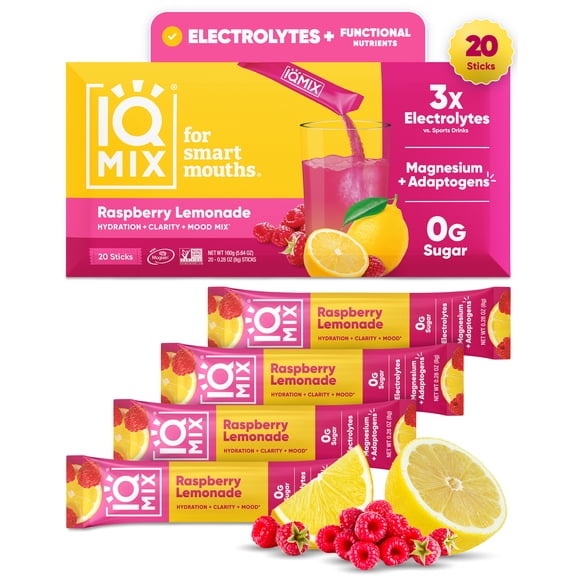 IQMIX Sugar Free Electrolyte Powder Packets - Keto Electrolytes with Lions Mane, Magnesium L-Threonate, Potassium Citrate - Raspberry Lemonade (20-Count)