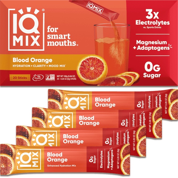 IQMIX Sugar Free Electrolyte Powder Packets - Keto Electrolytes with Lions Mane, Magnesium L-Threonate, Potassium Citrate - Blood Orange (20-Count)