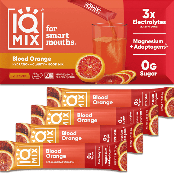 IQMIX Sugar Free Electrolyte Powder Packets - Keto Electrolytes with Lions Mane, Magnesium L-Threonate, Potassium Citrate - Blood Orange (20-Count)