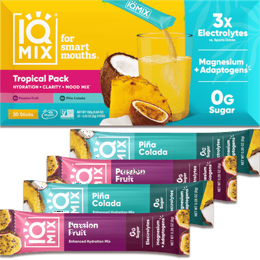 IQMIX Sugar Free Electrolytes Powder Packets - Hydration Supplement Drink Mix with Keto Electrolytes, Lions Mane, Magnesium L-Threonate, and Potassium Citrate - New Tropical Variety Pack (20 Count)