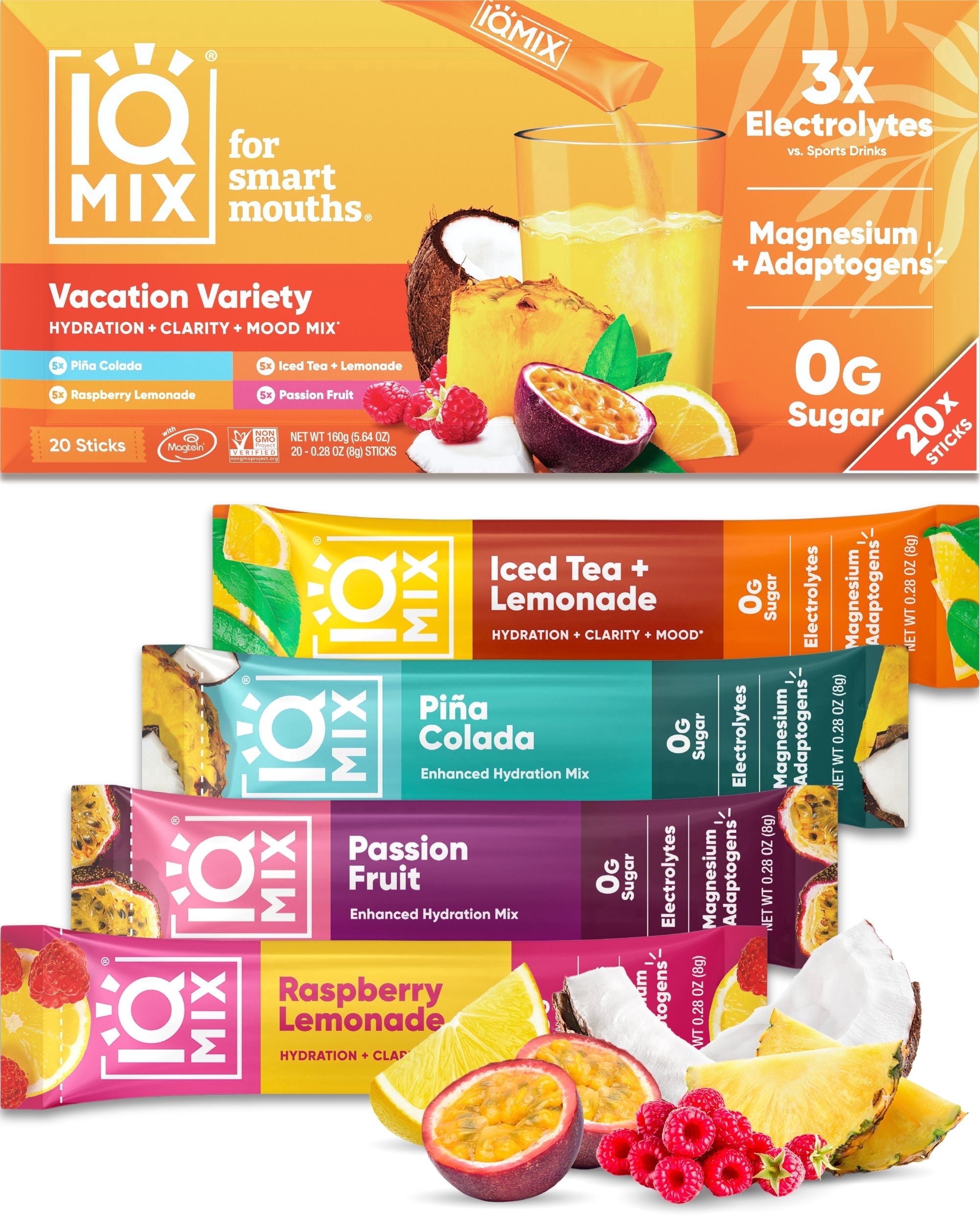 IQMIX Sugar Free Electrolytes Powder Packets - Hydration Supplement Drink Mix with Keto Electrolytes, Lions Mane, Magnesium L-Threonate, and Potassium Citrate - New Vacation Variety Pack (20 Count)