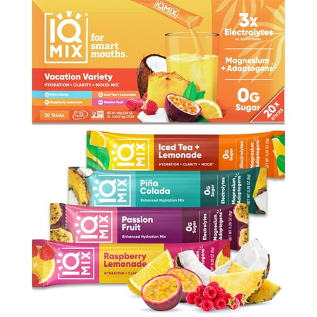 IQMIX Sugar Free Electrolytes Powder Packets - Hydration Supplement Drink Mix with Keto Electrolytes, Lions Mane, Magnesium L-Threonate, and Potassium Citrate - New Vacation Variety Pack (20 Count)
