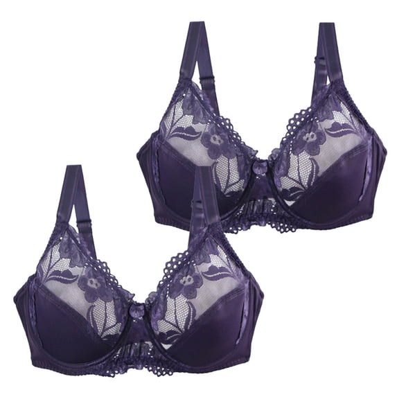 IQOGKRN 2-PACK Women Lifting Full Coverage Underwire Lace Bras Plus Size Unlined Breathable Bra for Heavy Breast Dark Blue 85D