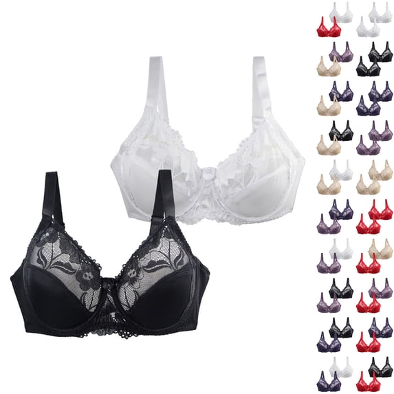 IQOGKRN 2-PACK Women Lifting Full Coverage Underwire Lace Bras Plus Size Unlined Breathable Bra for Heavy Breast White 100D