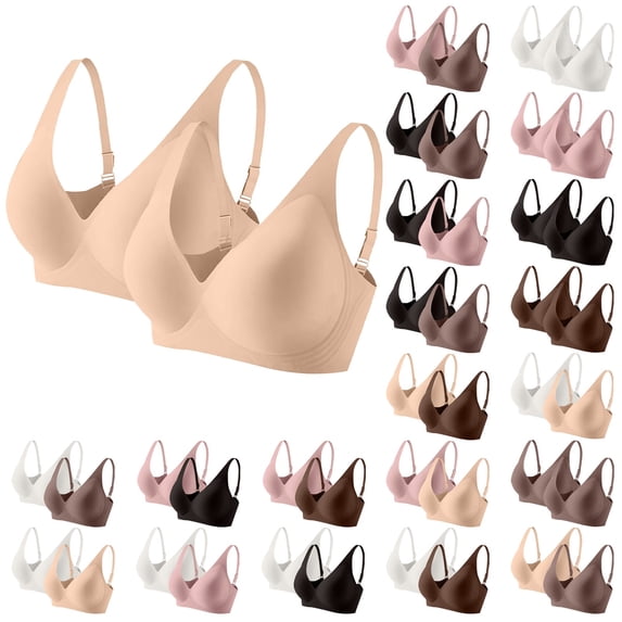IQOGKRN 2-PACK Womens Soft Comfortable No Underwire Bras V Neck Seamless Push Up Bralettes Full Coverage Tshirt Brassiere White L