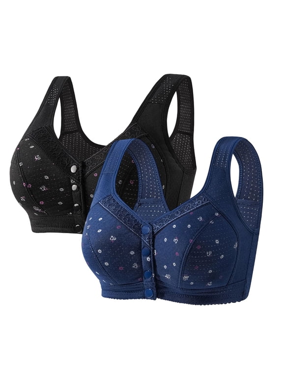 2 Pack Front Snap Closure Bras for Women No Underwire Push Up Bra Plus Size Front Button Comfort Cotton Bras Color #7 Size 50