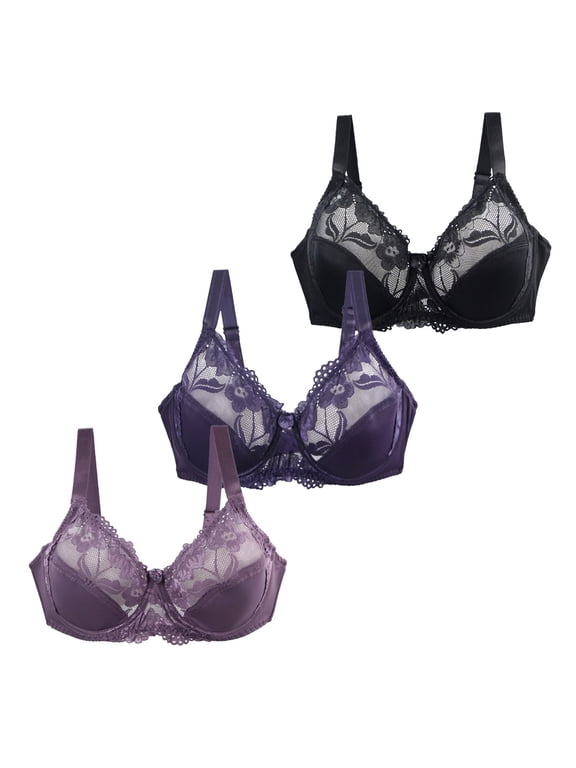 3-PACK Women Push-Up Lace Bra with Underwire Lift & Shape Design for Large Busts Seamless Back & Wide Band for Smoother Silhouette Multicolor #14 95F