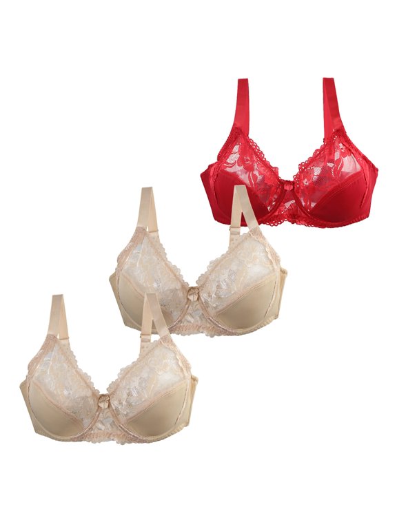 3-PACK Women Push-Up Lace Bra with Underwire Lift & Shape Design for Large Busts Seamless Back & Wide Band for Smoother Silhouette Multicolor #23 100D