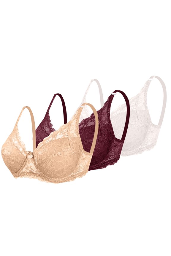 3 Pack Plus Size Wireless Lace Bralette for Women Thin Cup Full Coverage Adjustment Bra Side Support Smooth Underarm Fat V Neck Lingerie Multicolor #1 2XL