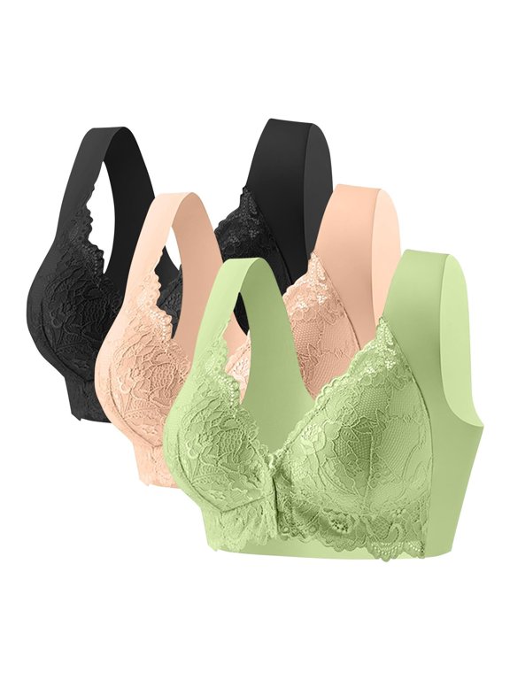 3 Pack Women Front Closure Lace Wireless Plus Size Bra Thin Seamless No Underwire Push Up Lace Wide Strap Comfort Daily Lingerie Multicolor #16 2XL