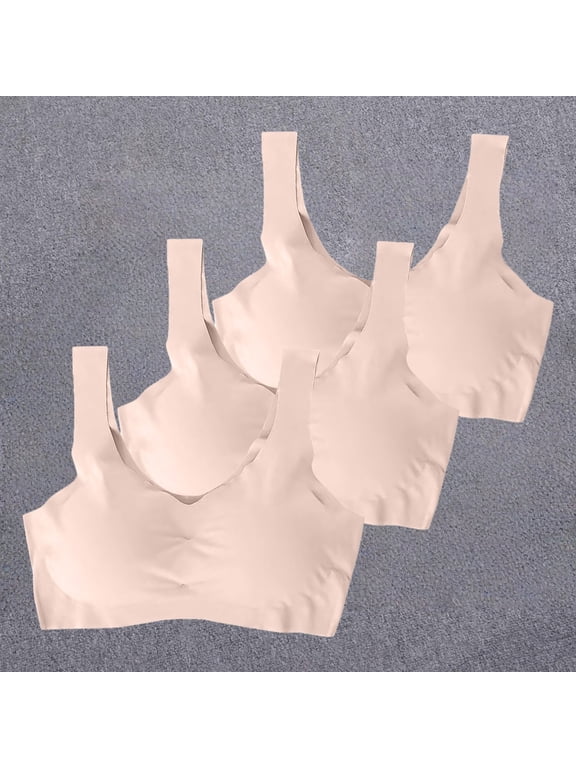 3 Pack Women Ice Silk Seamless Wireless Sports Bra No Underwire Plus Size Gentle Push Up V Neck Wide Vest Straps High Elastic Bras Beige 2XL