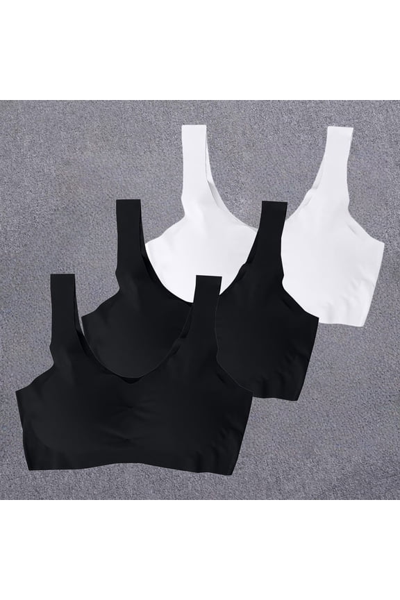 3 Pack Women Ice Silk Seamless Wireless Sports Bra No Underwire Plus Size Gentle Push Up V Neck Wide Vest Straps High Elastic Bras Grey M
