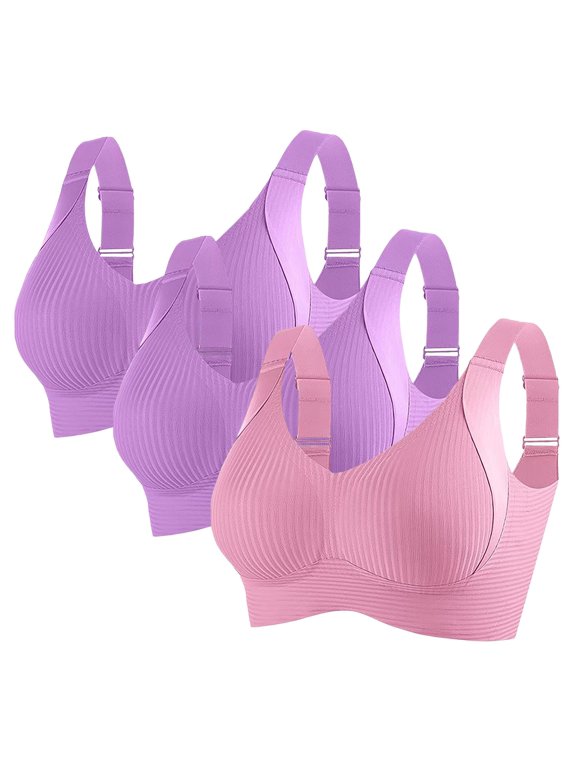 3-Pack Womens Seamless Bras Wireless Pushup Bra V Neck Ribbed Sports Bra for Women Adjustable Straps Pink 2XL