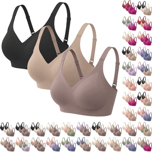 IQOGKRN 3PCS Bra for Women No Underwire Comfort Seamless Bras Push Up Wireless Bras Full Coverage Bralettes with Adjustable Straps Multicolor #1 L