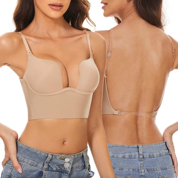 IQOGKRN Low Back Bras Seamless Backless Bra Secret Plunge Bra Lightly Lined Underwire Low Cut Multiway Halter Bra Beige L