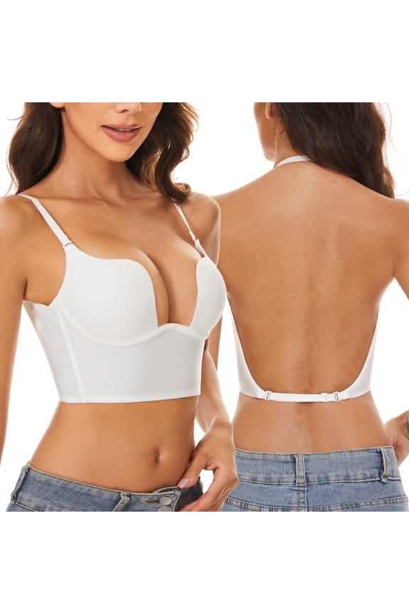 Low Back Bras Seamless Backless Bra Secret Plunge Bra Lightly Lined Underwire Low Cut Multiway Halter Bra White M