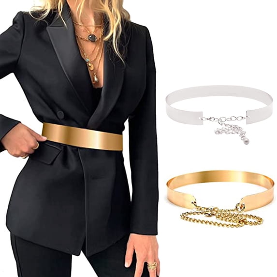 IQOGKRN Metal Waist Belt Women Shiny Polished Mirror Chain Belts Metallic Waistband Adjustable Body Link Dress Belts Gold One Size