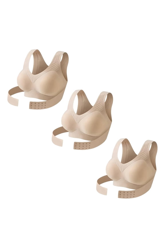Seamless Breathable Shaping Corrective Support Bra Women's Front Closure Seamless Back Posture Corrector Full Coverage Seamless Push up Bras Beige(3pcs Bras) M