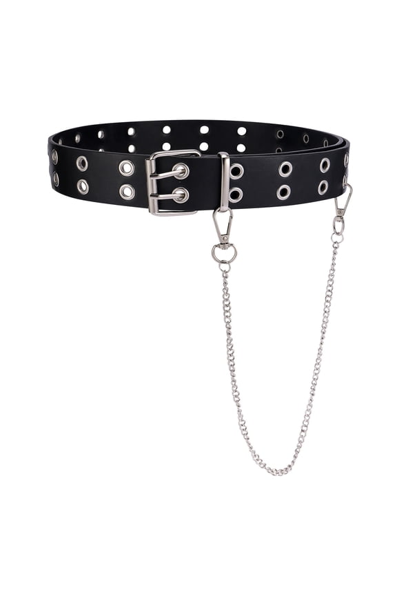 Unisex Black PU Leather Double Prong Eyelet Belt with Detachable Metal Chain Punk Gothic Rock Waist Belt Black One Size