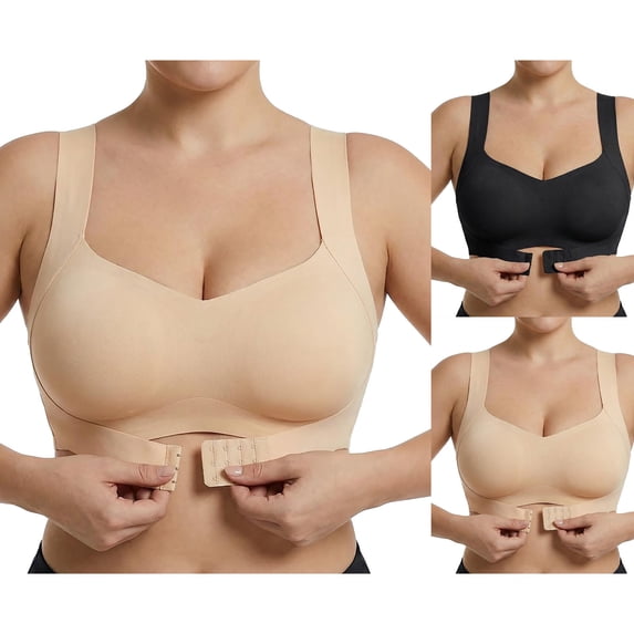 IQOGKRN Wireless Wide-Strap Bra Seamless Back-Smoothing Full Coverage Posture Bra Women Front Closure Crisscross Back Wireless Corrector Support Push Up Bralette Beige L