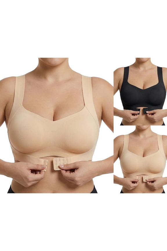 Wireless Wide-Strap Bra Seamless Back-Smoothing Full Coverage Posture Bra Women Front Closure Crisscross Back Wireless Corrector Support Push Up Bralette Beige L