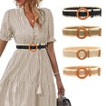 thumbnail image 1 of IQOGKRN Women Boho Scalloped Edge Woven Elastic Waist Belt Natural Rattan Round Ring Buckle Retro Stretch Decorative Waistband Casual Belt Beige One Size, 1 of 3