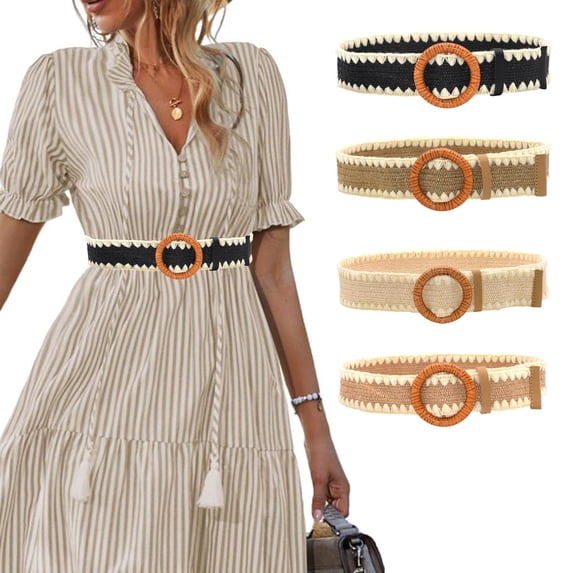 IQOGKRN Women Boho Scalloped Edge Woven Elastic Waist Belt Natural Rattan Round Ring Buckle Retro Stretch Decorative Waistband Casual Belt Beige One Size