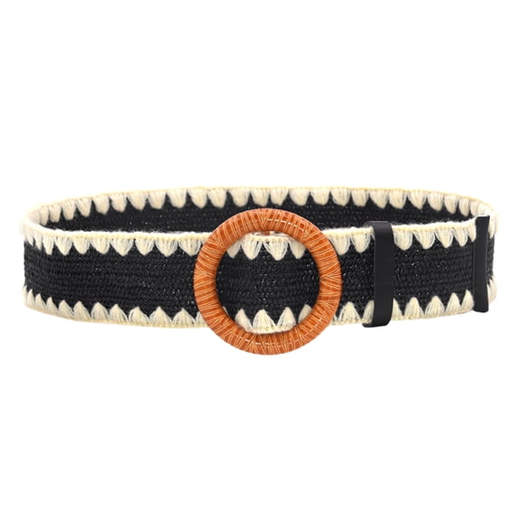 IQOGKRN Women Boho Scalloped Edge Woven Elastic Waist Belt Natural Rattan Round Ring Buckle Retro Stretch Decorative Waistband Casual Belt Black One Size