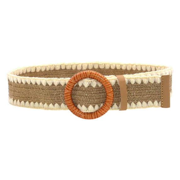 IQOGKRN Women Boho Scalloped Edge Woven Elastic Waist Belt Natural Rattan Round Ring Buckle Retro Stretch Decorative Waistband Casual Belt Khaki One Size
