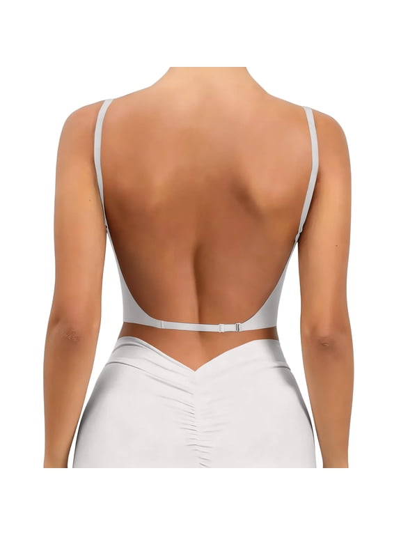 Women Deep Plunge Low Back Wireless Bra Seamless No Show Backless Bralette Adjustable Thin Strap Multiway Low Cut Support Brassiere White 34F