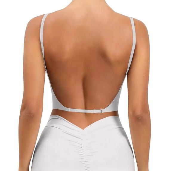 IQOGKRN Women Deep Plunge Low Back Wireless Bra Seamless No Show Backless Bralette Adjustable Thin Strap Multiway Low Cut Support Brassiere White 38C