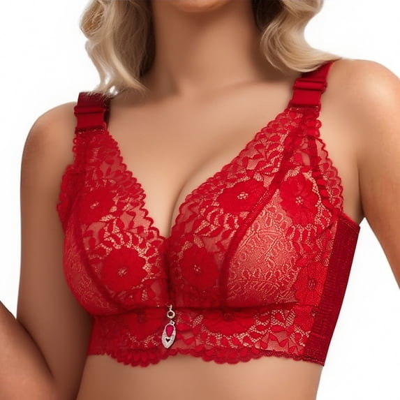 IQOGKRN Women Floral Lace Adjustable Support Bra Wireless Push Up Bra for Small Bust Minimizer Bra for Large Bust Full Coverage Anti-Sagging Shapewear Lingerie Wine 2XL