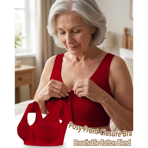 IQOGKRN Women Front Button Closure Wireless Lace Bra Wide Strap Full Coverage Comfort Sleep Bralette Wirefree Support Soft Everyday Bra Red 4XL