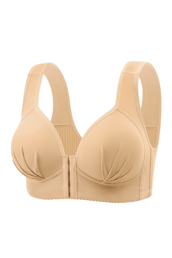 Women Front Closure Wireless Bra for Elderly Moms Adjustable Wide Strap Ribbed Breathable Wirefree Support Bra Push Up Full Coverage Lingerie Beige 46