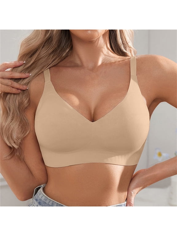 Women Seamless Wireless V Neck Everyday Bra Stretch Soft Padded Bralette Anti-Slip Strap Anti-Sagging Support Lingerie Beige 2XL