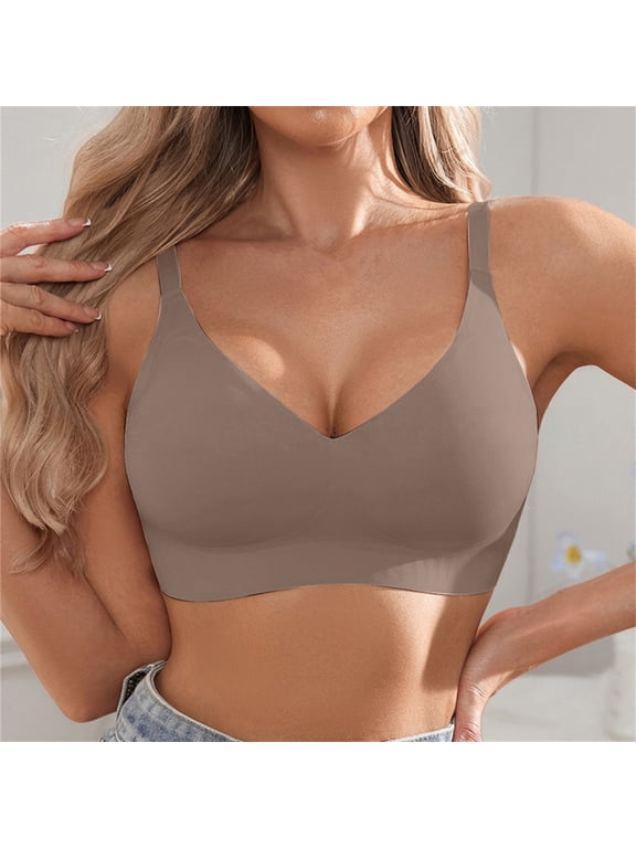 Women Seamless Wireless V Neck Everyday Bra Stretch Soft Padded Bralette Anti-Slip Strap Anti-Sagging Support Lingerie Coffee M