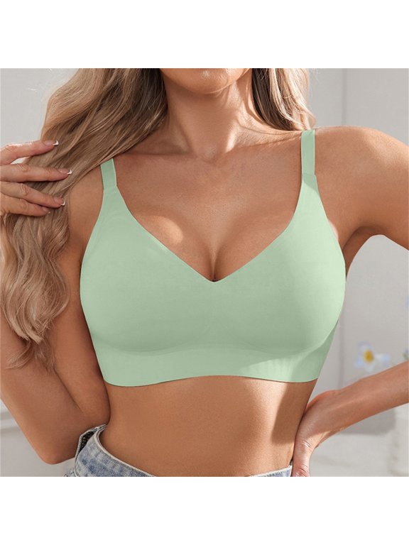 Women Seamless Wireless V Neck Everyday Bra Stretch Soft Padded Bralette Anti-Slip Strap Anti-Sagging Support Lingerie Light Green L