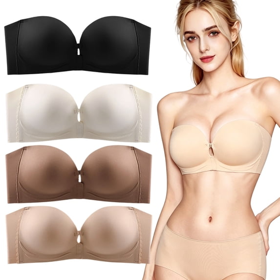 IQOGKRN Women Strapless Front Closure Push Up Bra Seamless Non Slip Underwire Bustier Lift Support Back Smoothing Bra Beige L