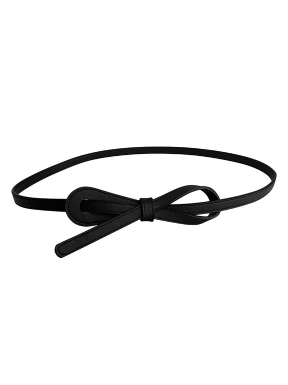 Women Thin Faux Leather Waist Belt Handmade Bow Knot Decorative Skinny Strap Belt Black One Size