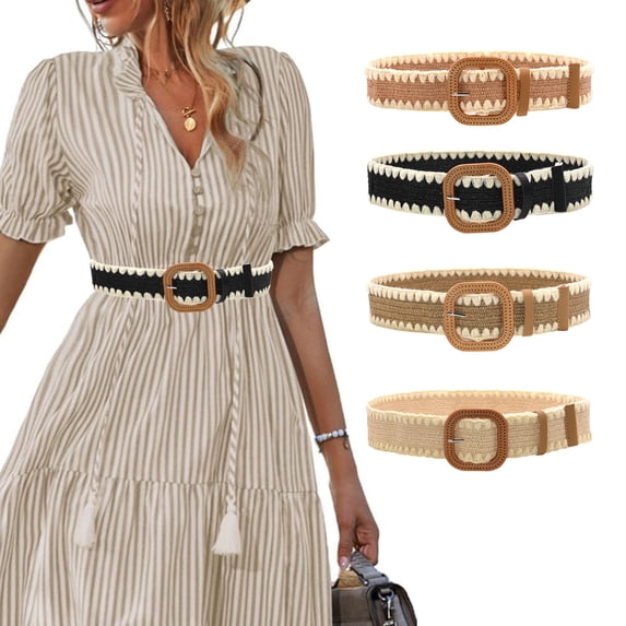 IQOGKRN Women Vintage Scalloped Woven Straw Belt Rattan Square Prong Buckle Boho Braided Decorative Waist Strap Beige One Size