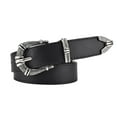 thumbnail image 1 of IQOGKRN Women Vintage Western Curved Textured Silver Prong Buckle PU Leather Belt Retro Decorative Waist Strap Adjustable Pin Belt Black One Size, 1 of 7