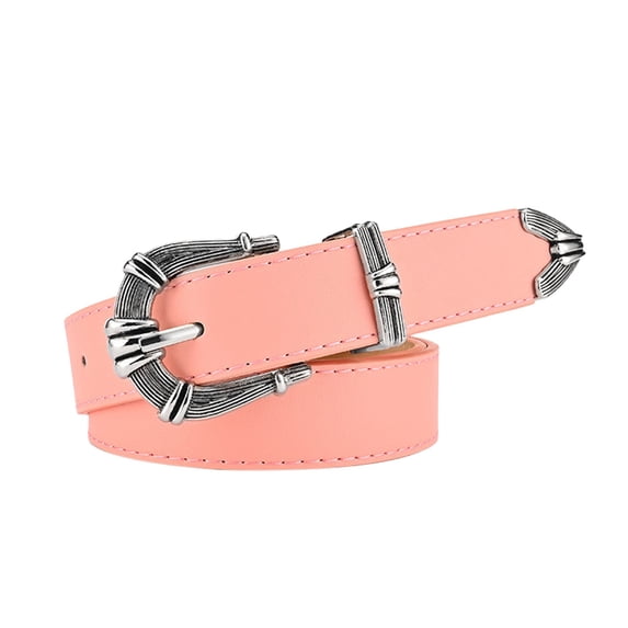 IQOGKRN Women Vintage Western Curved Textured Silver Prong Buckle PU Leather Belt Retro Decorative Waist Strap Adjustable Pin Belt Pink One Size