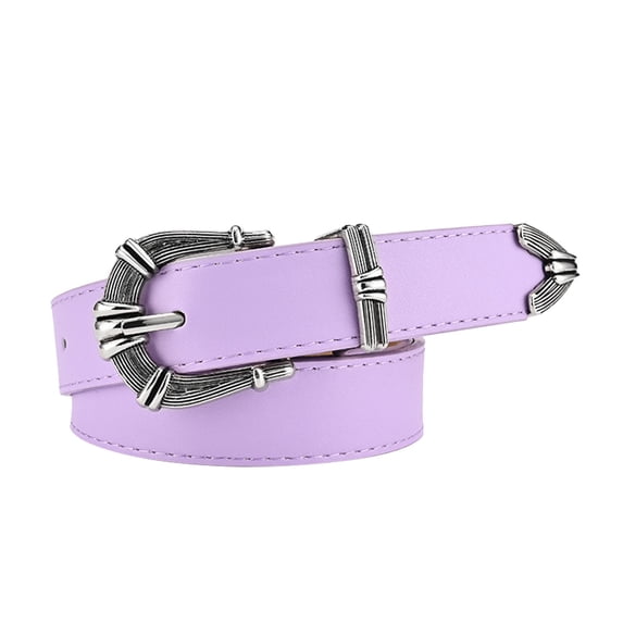IQOGKRN Women Vintage Western Curved Textured Silver Prong Buckle PU Leather Belt Retro Decorative Waist Strap Adjustable Pin Belt Purple One Size