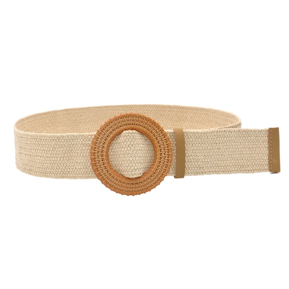 IQOGKRN Women Vintage Woven Stretch Waist Belt Round Rattan Circle Buckle Elastic Braided Decorative Waistband White One Size