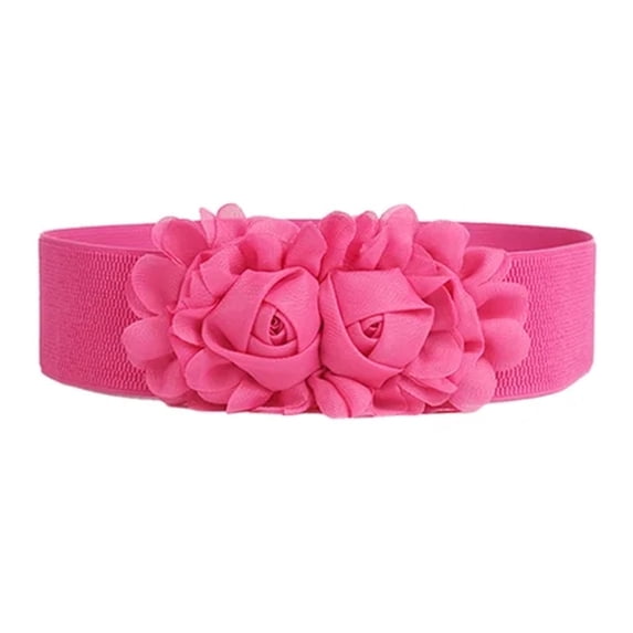 IQOGKRN Women Wide Elastic Stretch Waist Belt 3D Chiffon Double Rose Flower Decorative Waistband Cinch Belt Hot Pink One Size