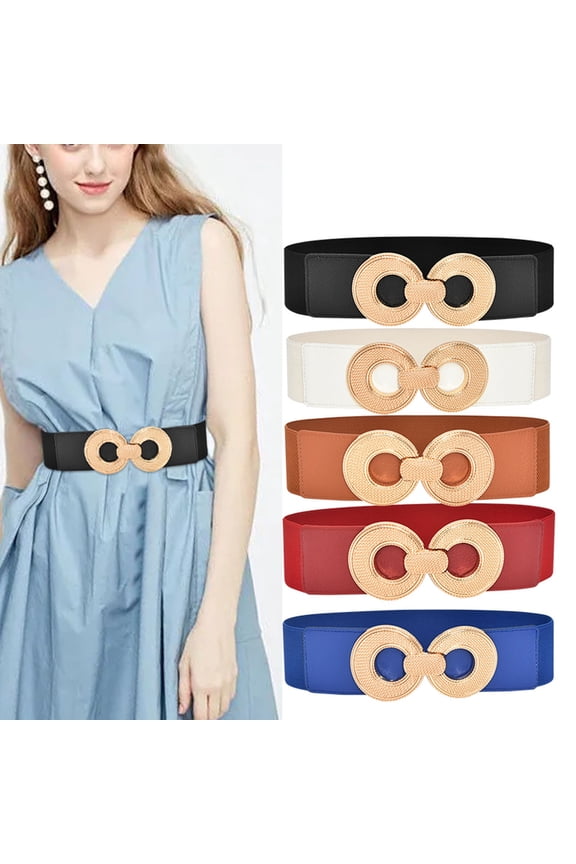 Women Wide Elastic Stretch Waist Belt Double Hollow Circle Interlock Gold Buckle Decorative Cinch Belt Black One Size